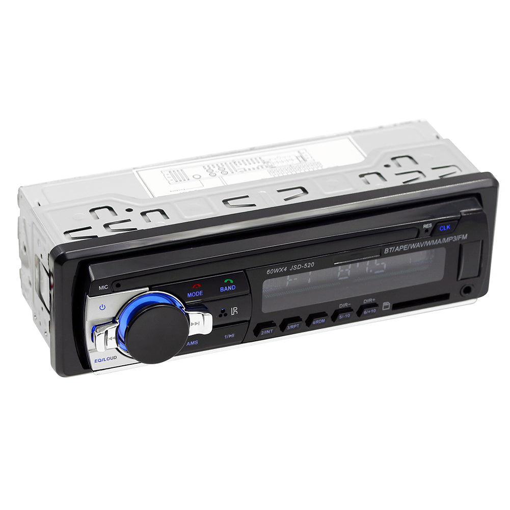 JSD-520 autoradio 1DIN me Bluetooth Hands-Free, MP3 Player, USB, kartë SD, Radio FM 87.5–108 MHz, lidhje ISO, telekomandë me 21 butona dhe ekran për makinë. Autoradio ideale për përmirësimin e sistemit audio të automjetit në Shqipëri.