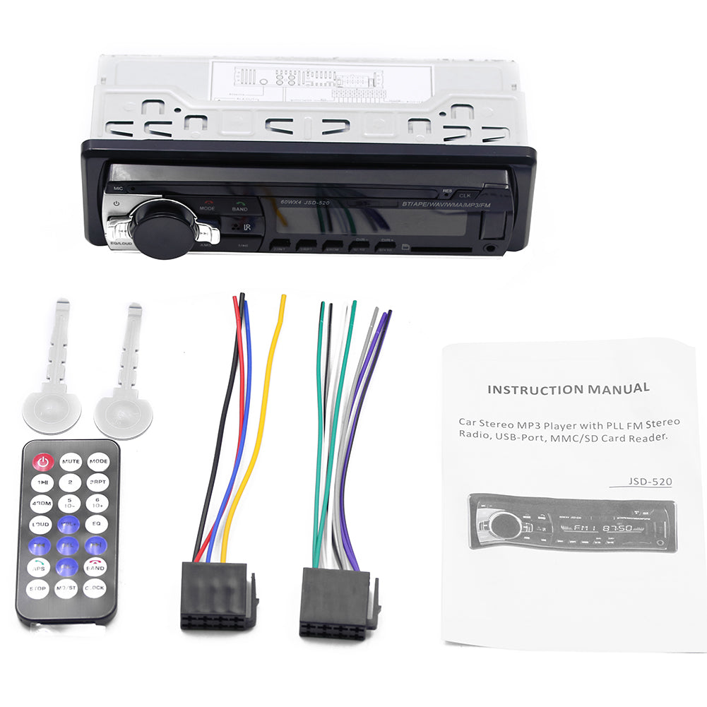 JSD-520 autoradio 1DIN me Bluetooth Hands-Free, MP3 Player, USB, kartë SD, Radio FM 87.5–108 MHz, lidhje ISO, telekomandë me 21 butona dhe ekran për makinë. Autoradio ideale për përmirësimin e sistemit audio të automjetit në Shqipëri.