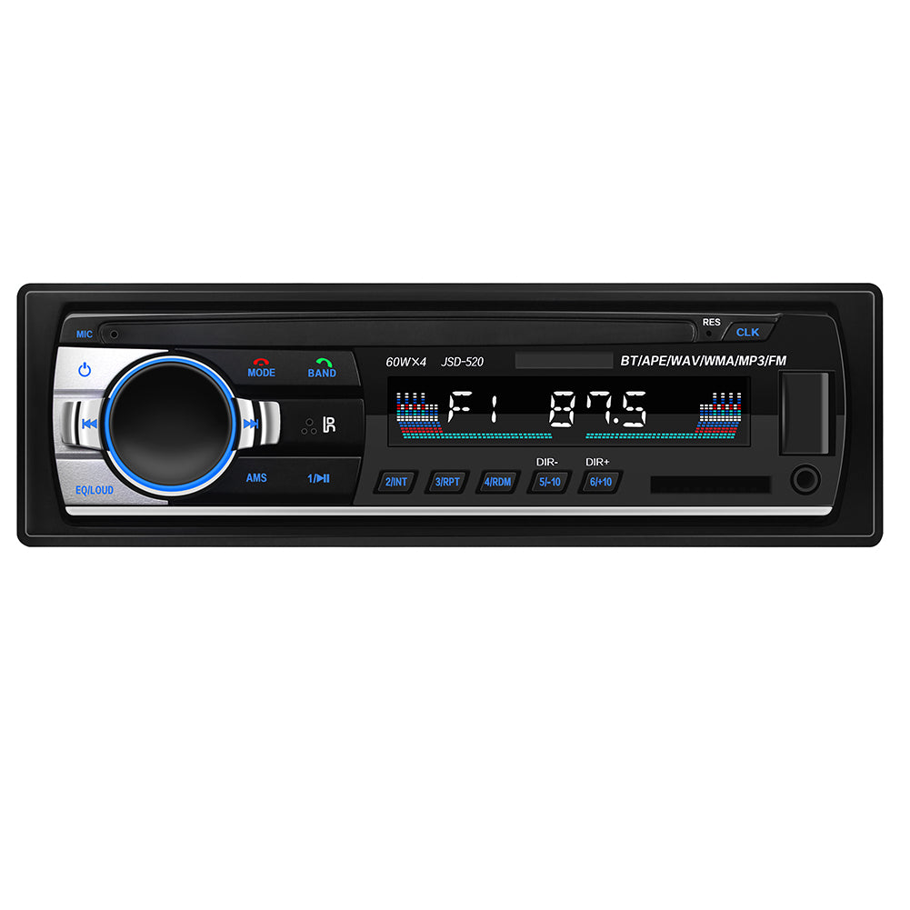 JSD-520 autoradio 1DIN me Bluetooth Hands-Free, MP3 Player, USB, kartë SD, Radio FM 87.5–108 MHz, lidhje ISO, telekomandë me 21 butona dhe ekran për makinë. Autoradio ideale për përmirësimin e sistemit audio të automjetit në Shqipëri.