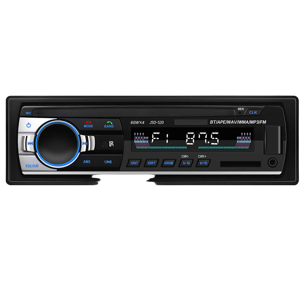 JSD-520 autoradio 1DIN me Bluetooth Hands-Free, MP3 Player, USB, kartë SD, Radio FM 87.5–108 MHz, lidhje ISO, telekomandë me 21 butona dhe ekran për makinë. Autoradio ideale për përmirësimin e sistemit audio të automjetit në Shqipëri.
