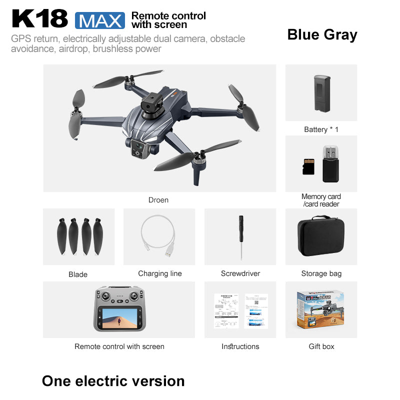 K18 MAX dron 4K me dy kamera HD, motorë Brushless, ekran 4.5 inç në telekomandë, distancë transmetimi deri në 700 metra, foto 3840×2160, video 1920×1280, bateri 2200mAh, fluturim deri në 20 minuta, shmangie inteligjente e pengesave, kontroll me gjeste dhe WiFi. Dron profesional për foto dhe video ajrore në Shqipëri.