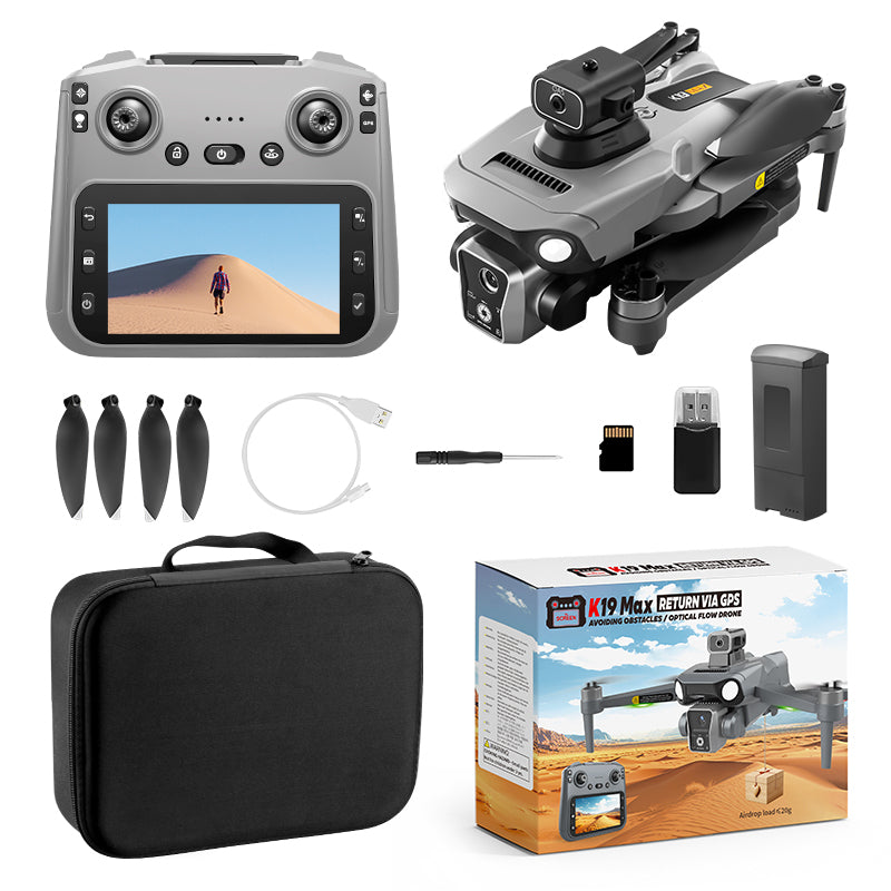K19 MAX dron 4K me dy kamera HD, motorë Brushless, WiFi 5G, GPS, Optical Flow, distancë transmetimi deri në 2 km, fluturim 20–30 minuta, giroskop 6-aksësh, kontroll me aplikacion dhe gjeste, Headless Mode dhe dizajn i palosshëm. Dron profesional për foto dhe video ajrore në Shqipëri. 
