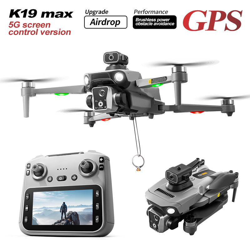 K19 MAX dron 4K me dy kamera HD, motorë Brushless, WiFi 5G, GPS, Optical Flow, distancë transmetimi deri në 2 km, fluturim 20–30 minuta, giroskop 6-aksësh, kontroll me aplikacion dhe gjeste, Headless Mode dhe dizajn i palosshëm. Dron profesional për foto dhe video ajrore në Shqipëri. 