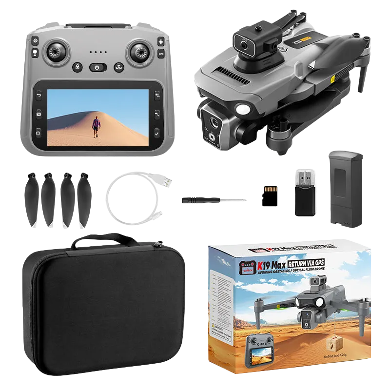 K19 MAX dron 4K me dy kamera HD, motorë Brushless, WiFi 5G, GPS, Optical Flow, distancë transmetimi deri në 2 km, fluturim 20–30 minuta, giroskop 6-aksësh, kontroll me aplikacion dhe gjeste, Headless Mode dhe dizajn i palosshëm. Dron profesional për foto dhe video ajrore në Shqipëri. 