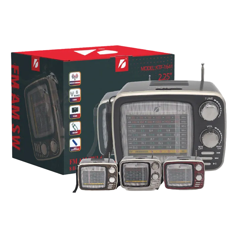 KTF-1641 radio Bluetooth portative me mbështetje për AM, FM dhe SW, USB, kartë TF, bateri të rikarikueshme 1200mAh, altoparlant të integruar dhe karikim DC 5V. Radio ideale për shtëpi, kamping, park, udhëtime dhe përdorim të përditshëm në Shqipëri. 