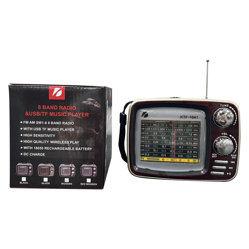 KTF-1641 radio Bluetooth portative me mbështetje për AM, FM dhe SW, USB, kartë TF, bateri të rikarikueshme 1200mAh, altoparlant të integruar dhe karikim DC 5V. Radio ideale për shtëpi, kamping, park, udhëtime dhe përdorim të përditshëm në Shqipëri. 
