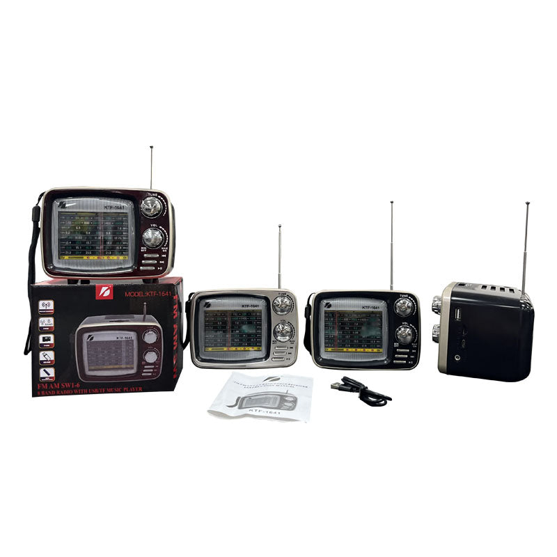 KTF-1641 radio Bluetooth portative me mbështetje për AM, FM dhe SW, USB, kartë TF, bateri të rikarikueshme 1200mAh, altoparlant të integruar dhe karikim DC 5V. Radio ideale për shtëpi, kamping, park, udhëtime dhe përdorim të përditshëm në Shqipëri. 