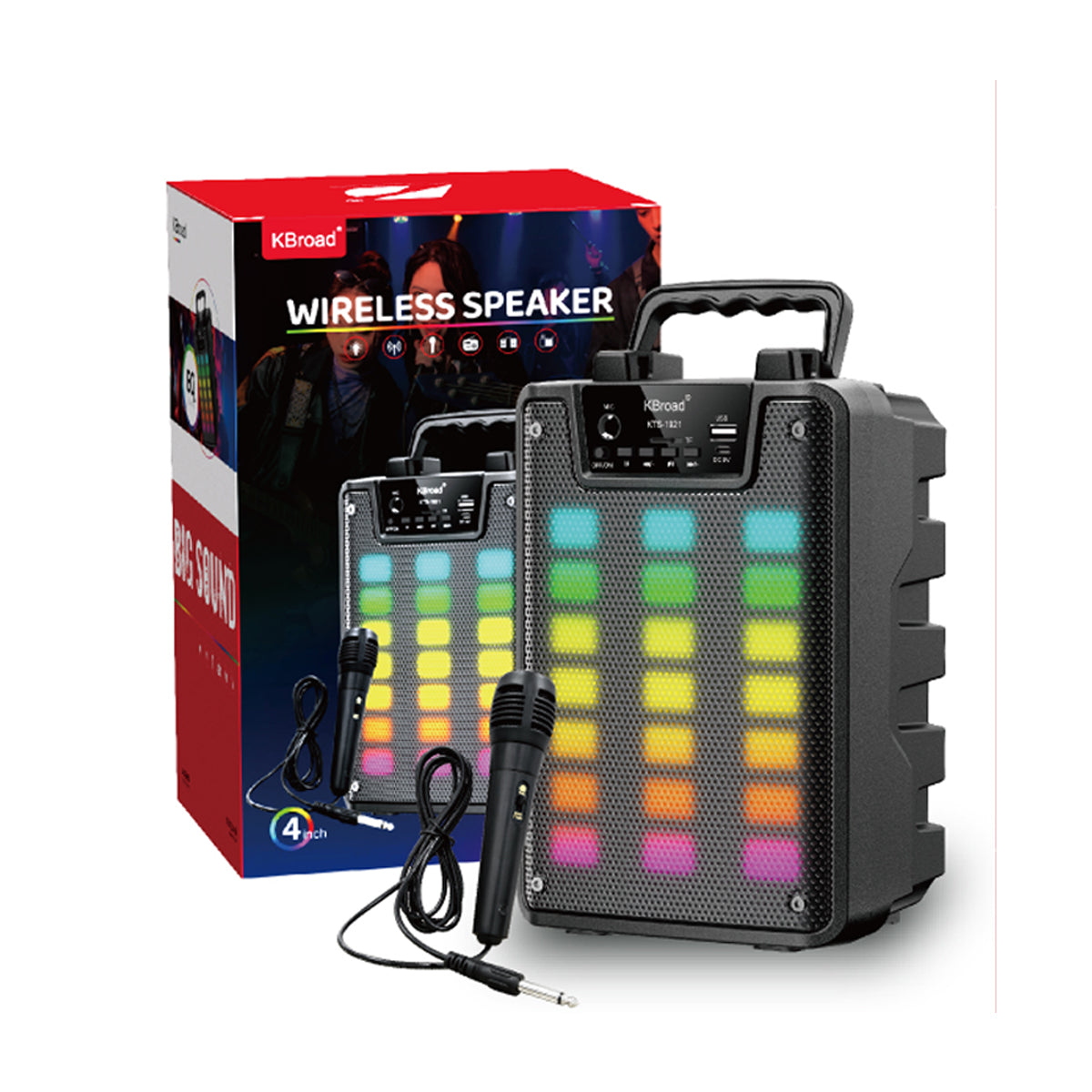 KTS-1921 altoparlant Bluetooth portativ 5W me woofer 4 inç, bateri 1200mAh, drita RGB LED, radio FM, TWS, mbështetje për USB dhe kartë TF, mikrofon të integruar. Boks kompakt ideal për shtëpi, udhëtime, piknik, festa dhe përdorim të përditshëm.