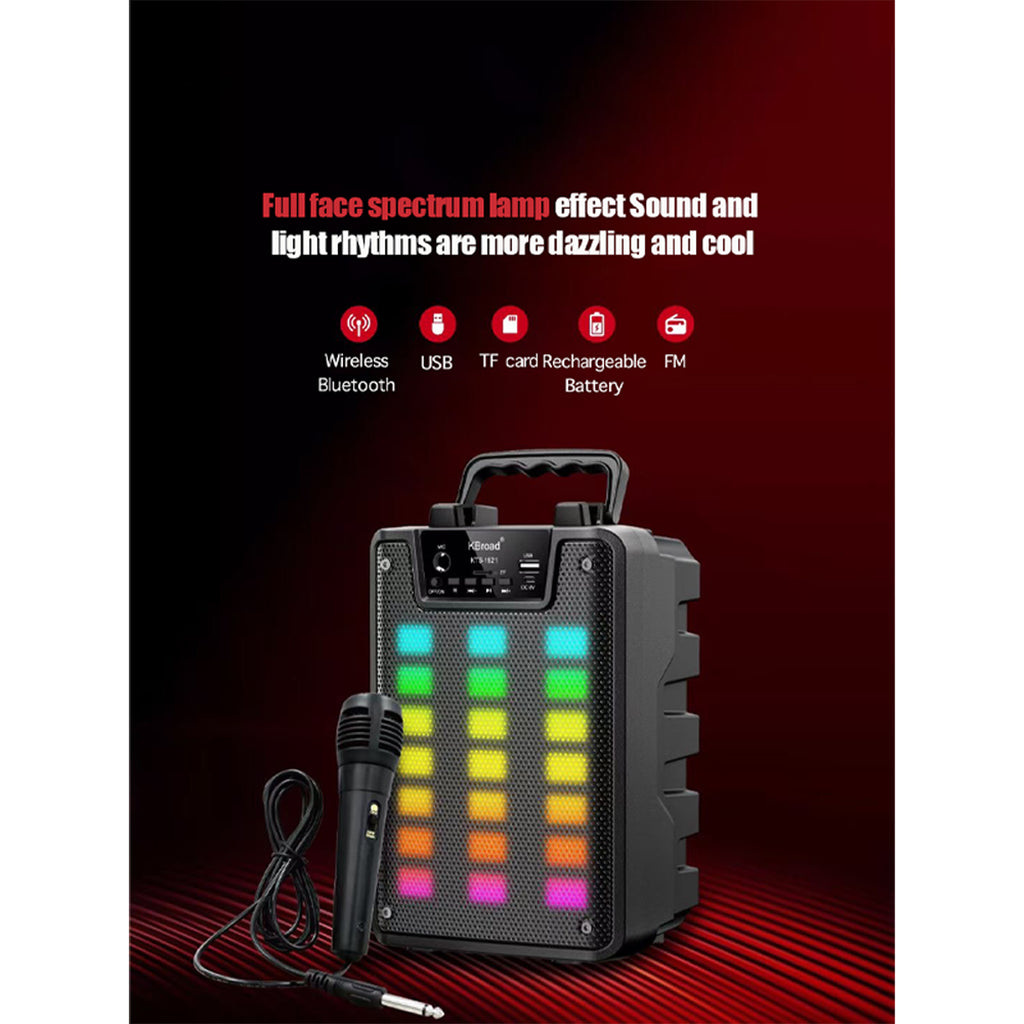 KTS-1921 altoparlant Bluetooth portativ 5W me woofer 4 inç, bateri 1200mAh, drita RGB LED, radio FM, TWS, mbështetje për USB dhe kartë TF, mikrofon të integruar. Boks kompakt ideal për shtëpi, udhëtime, piknik, festa dhe përdorim të përditshëm.