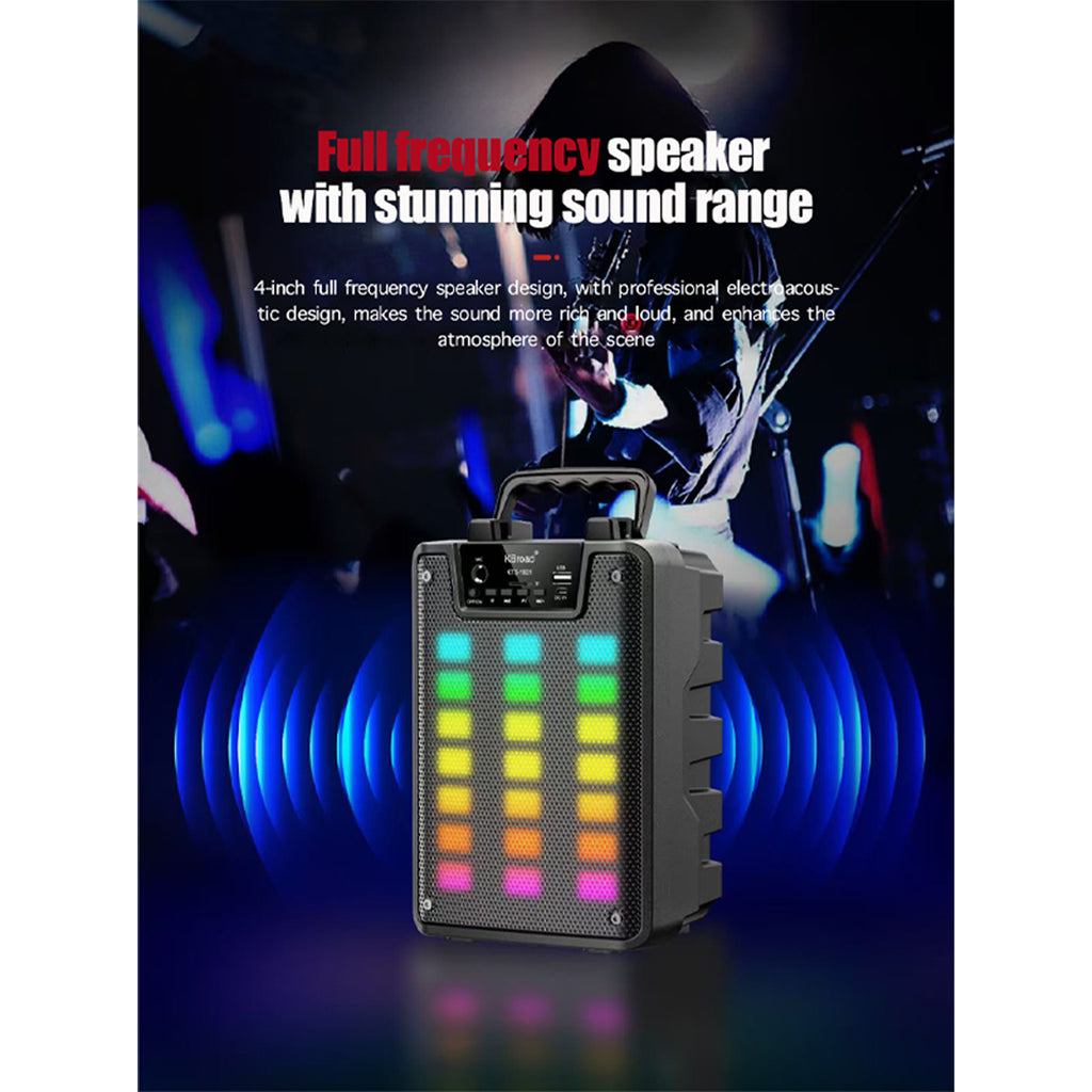 KTS-1921 altoparlant Bluetooth portativ 5W me woofer 4 inç, bateri 1200mAh, drita RGB LED, radio FM, TWS, mbështetje për USB dhe kartë TF, mikrofon të integruar. Boks kompakt ideal për shtëpi, udhëtime, piknik, festa dhe përdorim të përditshëm.