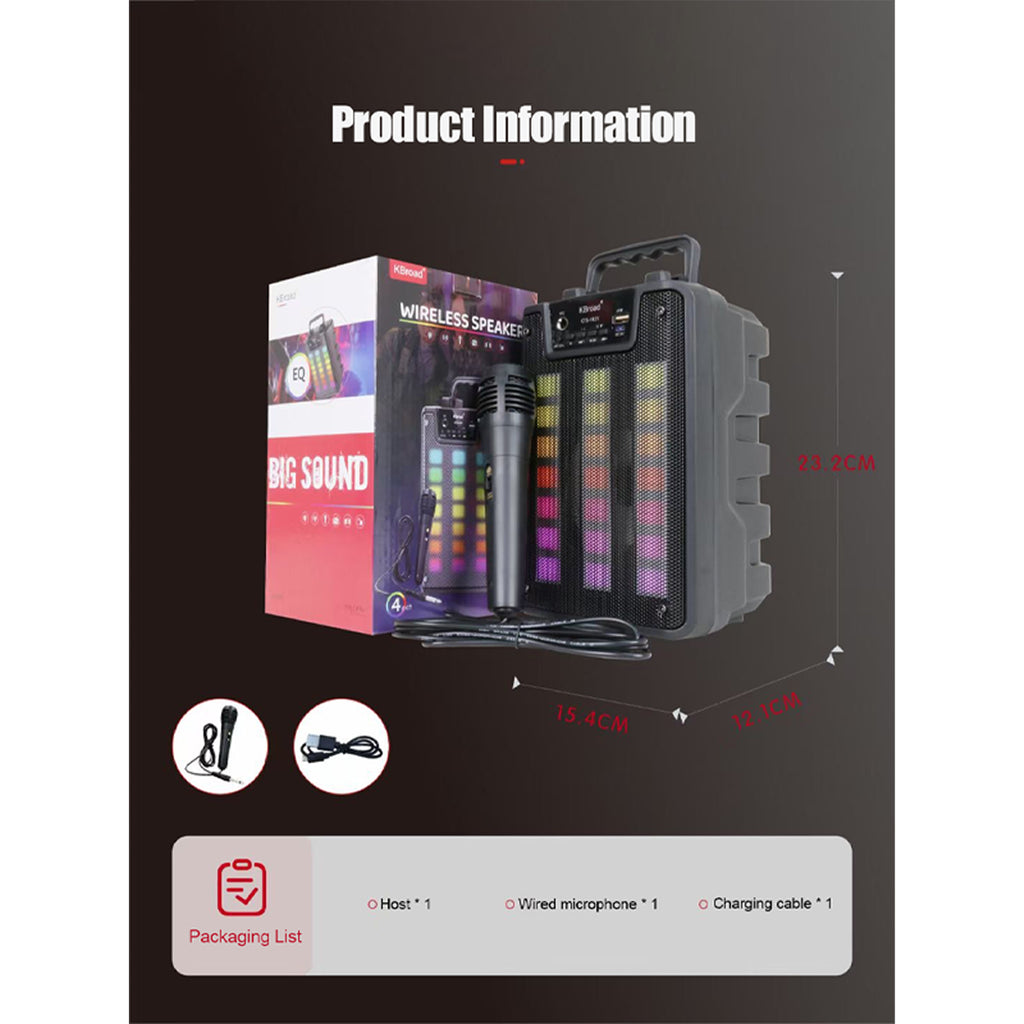 KTS-1921 altoparlant Bluetooth portativ 5W me woofer 4 inç, bateri 1200mAh, drita RGB LED, radio FM, TWS, mbështetje për USB dhe kartë TF, mikrofon të integruar. Boks kompakt ideal për shtëpi, udhëtime, piknik, festa dhe përdorim të përditshëm.
