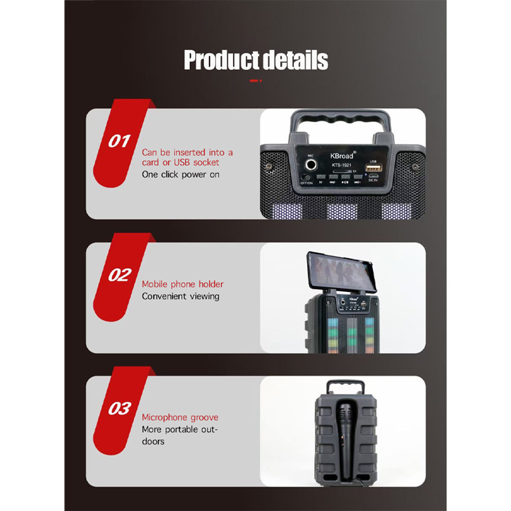 KTS-1921 altoparlant Bluetooth portativ 5W me woofer 4 inç, bateri 1200mAh, drita RGB LED, radio FM, TWS, mbështetje për USB dhe kartë TF, mikrofon të integruar. Boks kompakt ideal për shtëpi, udhëtime, piknik, festa dhe përdorim të përditshëm.