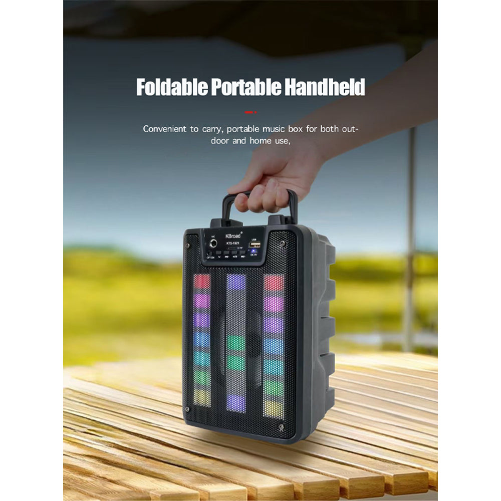 KTS-1921 altoparlant Bluetooth portativ 5W me woofer 4 inç, bateri 1200mAh, drita RGB LED, radio FM, TWS, mbështetje për USB dhe kartë TF, mikrofon të integruar. Boks kompakt ideal për shtëpi, udhëtime, piknik, festa dhe përdorim të përditshëm.