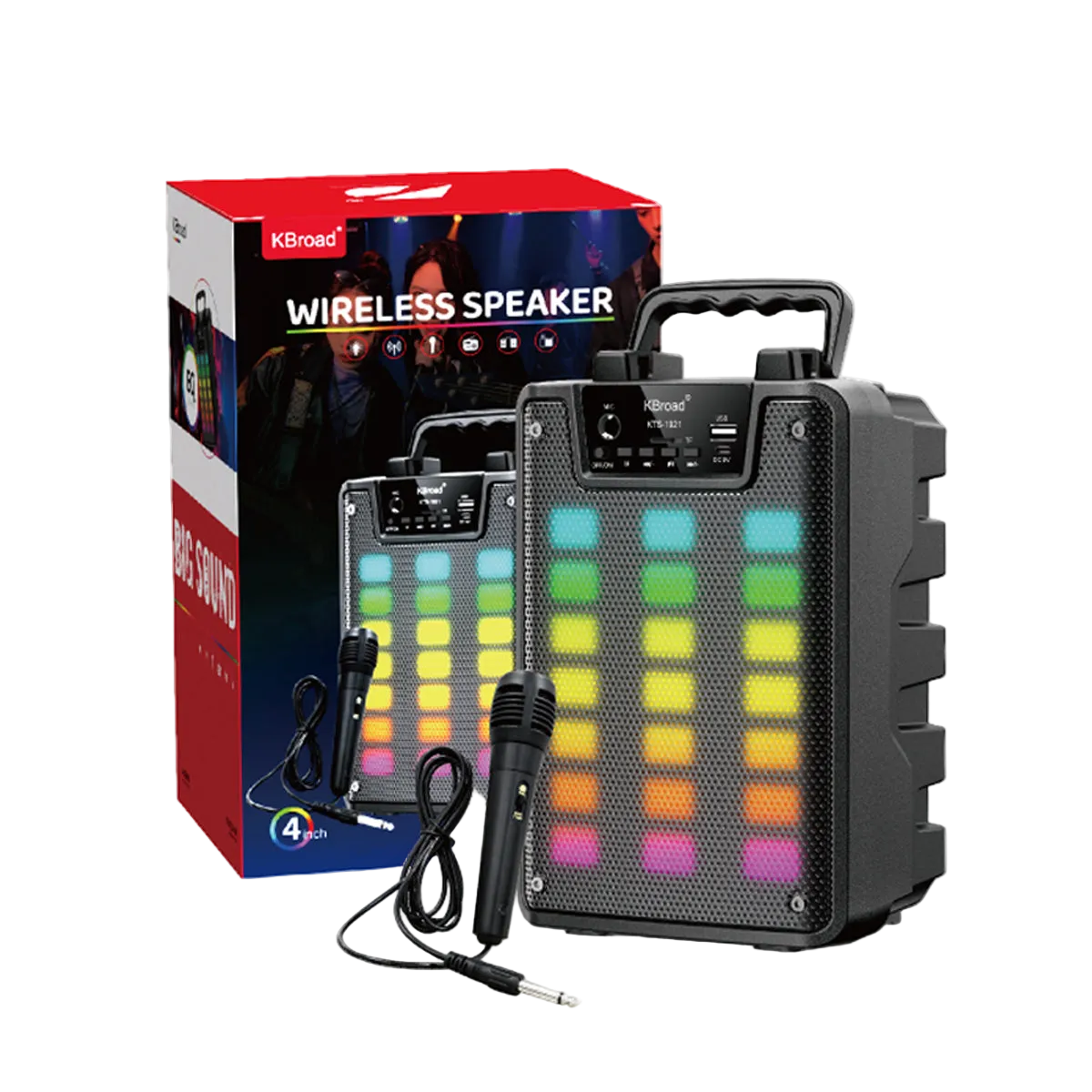 KTS-1921 altoparlant Bluetooth portativ 5W me woofer 4 inç, bateri 1200mAh, drita RGB LED, radio FM, TWS, mbështetje për USB dhe kartë TF, mikrofon të integruar. Boks kompakt ideal për shtëpi, udhëtime, piknik, festa dhe përdorim të përditshëm.