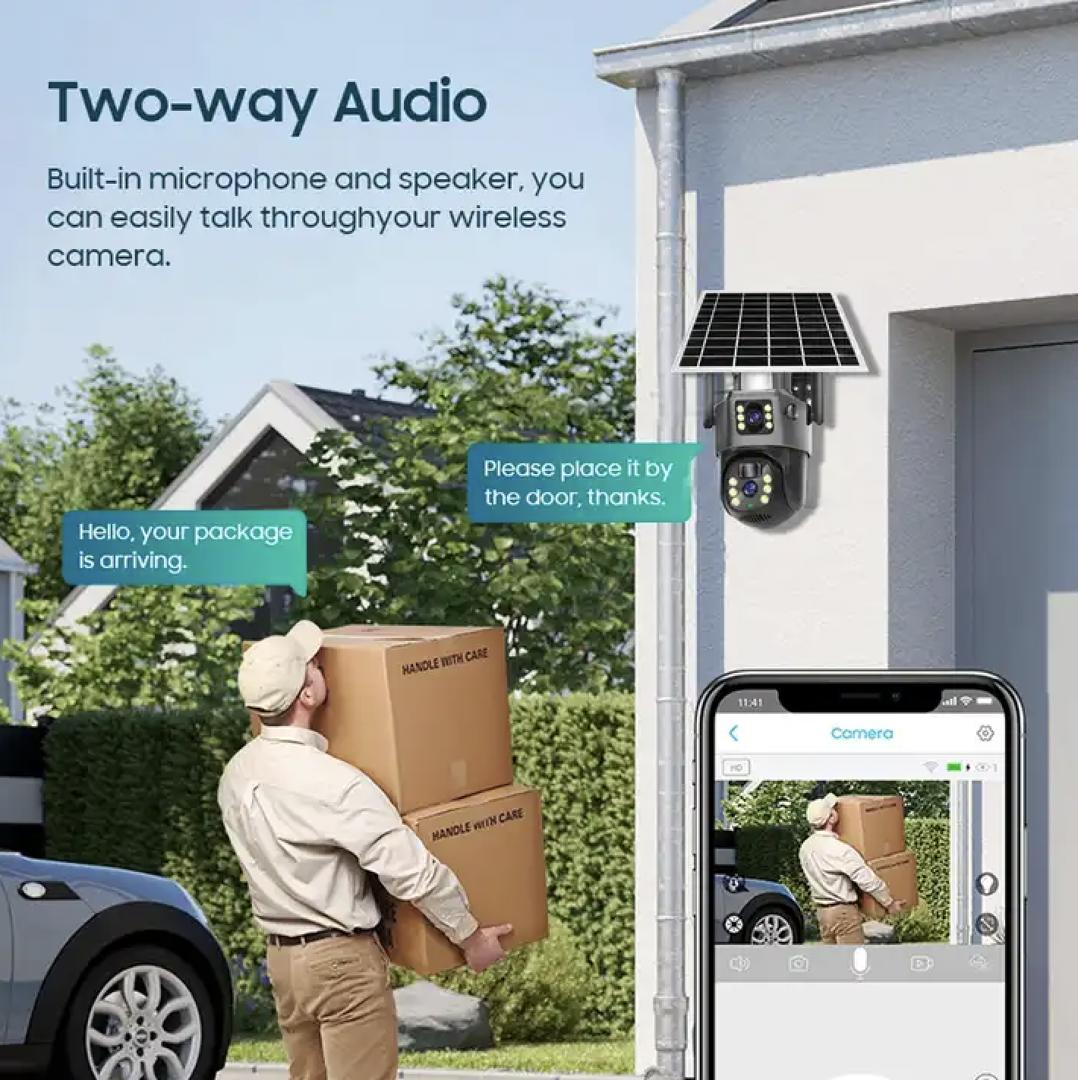Kamerë sigurie 4K me panel diellor, wireless, dy lente, PAN-TILT, Human Motion Tracking, Motion Detection, Two-Way Audio, mikrofon dhe sirenë të integruar, Night Vision dhe rezistencë ndaj kushteve atmosferike. Ideale për shtëpi, vila, biznese dhe ambiente të jashtme në Shqipëri.