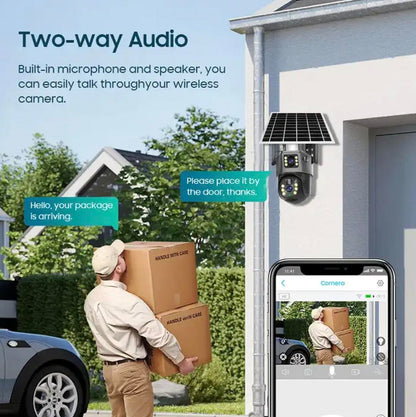 Kamerë sigurie 4K me panel diellor, wireless, dy lente, PAN-TILT, Human Motion Tracking, Motion Detection, Two-Way Audio, mikrofon dhe sirenë të integruar, Night Vision dhe rezistencë ndaj kushteve atmosferike. Ideale për shtëpi, vila, biznese dhe ambiente të jashtme në Shqipëri.