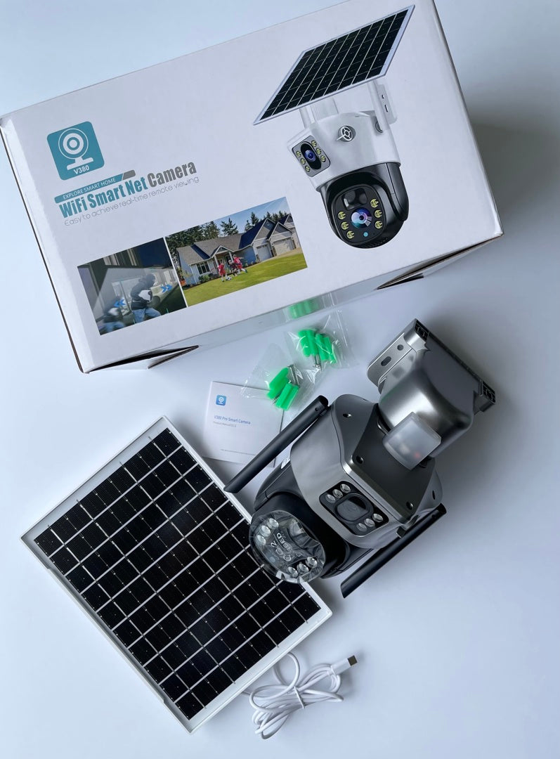 Kamerë sigurie 4K me panel diellor, wireless, dy lente, PAN-TILT, Human Motion Tracking, Motion Detection, Two-Way Audio, mikrofon dhe sirenë të integruar, Night Vision dhe rezistencë ndaj kushteve atmosferike. Ideale për shtëpi, vila, biznese dhe ambiente të jashtme në Shqipëri.