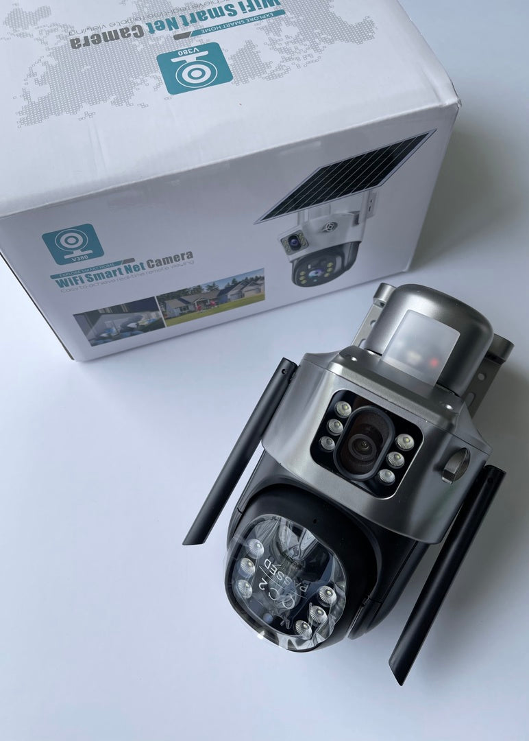 Kamerë sigurie 4K me panel diellor, wireless, dy lente, PAN-TILT, Human Motion Tracking, Motion Detection, Two-Way Audio, mikrofon dhe sirenë të integruar, Night Vision dhe rezistencë ndaj kushteve atmosferike. Ideale për shtëpi, vila, biznese dhe ambiente të jashtme në Shqipëri.