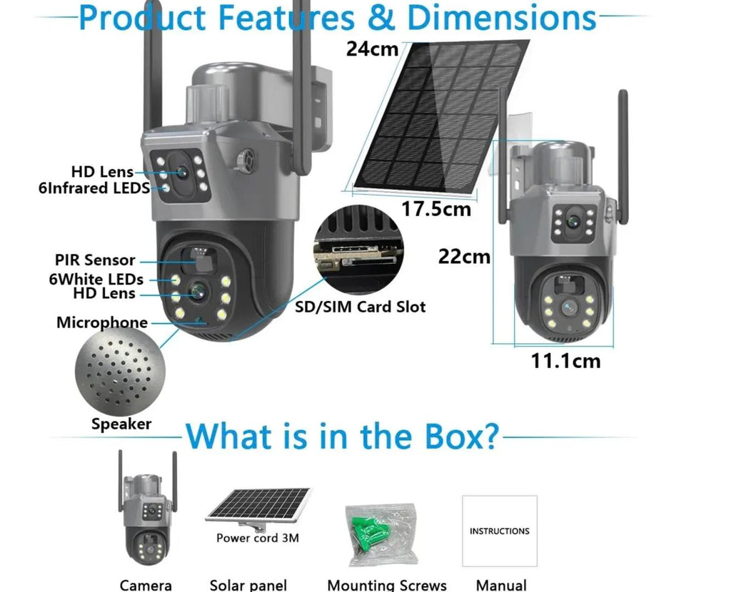 Kamerë sigurie 4K me panel diellor, wireless, dy lente, PAN-TILT, Human Motion Tracking, Motion Detection, Two-Way Audio, mikrofon dhe sirenë të integruar, Night Vision dhe rezistencë ndaj kushteve atmosferike. Ideale për shtëpi, vila, biznese dhe ambiente të jashtme në Shqipëri.