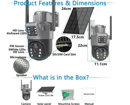 Kamerë sigurie 4K me panel diellor, wireless, dy lente, PAN-TILT, Human Motion Tracking, Motion Detection, Two-Way Audio, mikrofon dhe sirenë të integruar, Night Vision dhe rezistencë ndaj kushteve atmosferike. Ideale për shtëpi, vila, biznese dhe ambiente të jashtme në Shqipëri.