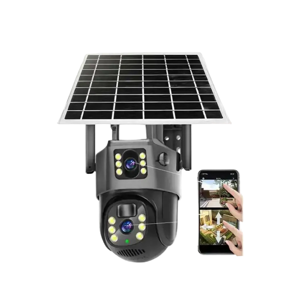 Kamerë sigurie 4g me panel diellor, wireless, dy lente, PAN-TILT, Human Motion Tracking, Motion Detection, Two-Way Audio, mikrofon dhe sirenë të integruar, Night Vision dhe rezistencë ndaj kushteve atmosferike. Ideale për shtëpi, vila, biznese dhe ambiente të jashtme në Shqipëri.