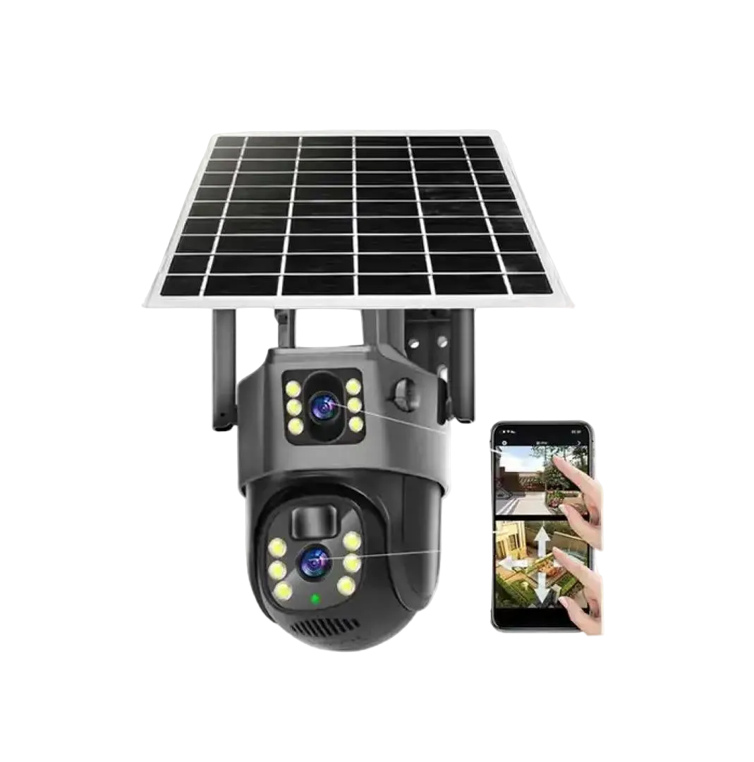 Kamerë sigurie 4g me panel diellor, wireless, dy lente, PAN-TILT, Human Motion Tracking, Motion Detection, Two-Way Audio, mikrofon dhe sirenë të integruar, Night Vision dhe rezistencë ndaj kushteve atmosferike. Ideale për shtëpi, vila, biznese dhe ambiente të jashtme në Shqipëri.