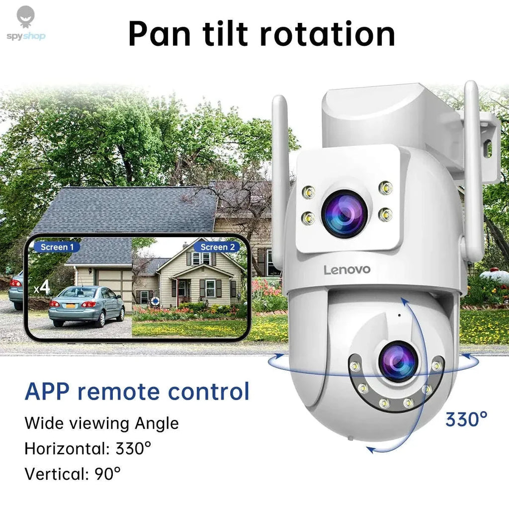 Kamerë sigurie Lenovo X6 4K WiFi me dy lente PTZ, AI Auto Tracking, rrotullim 330°, shikim natën me ngjyra, audio dypalëshe, IP66, lidhje WiFi 2.4GHz/5GHz dhe Ethernet. Kamerë profesionale për shtëpi, biznes, magazinë dhe monitorim të jashtëm 24/7.
