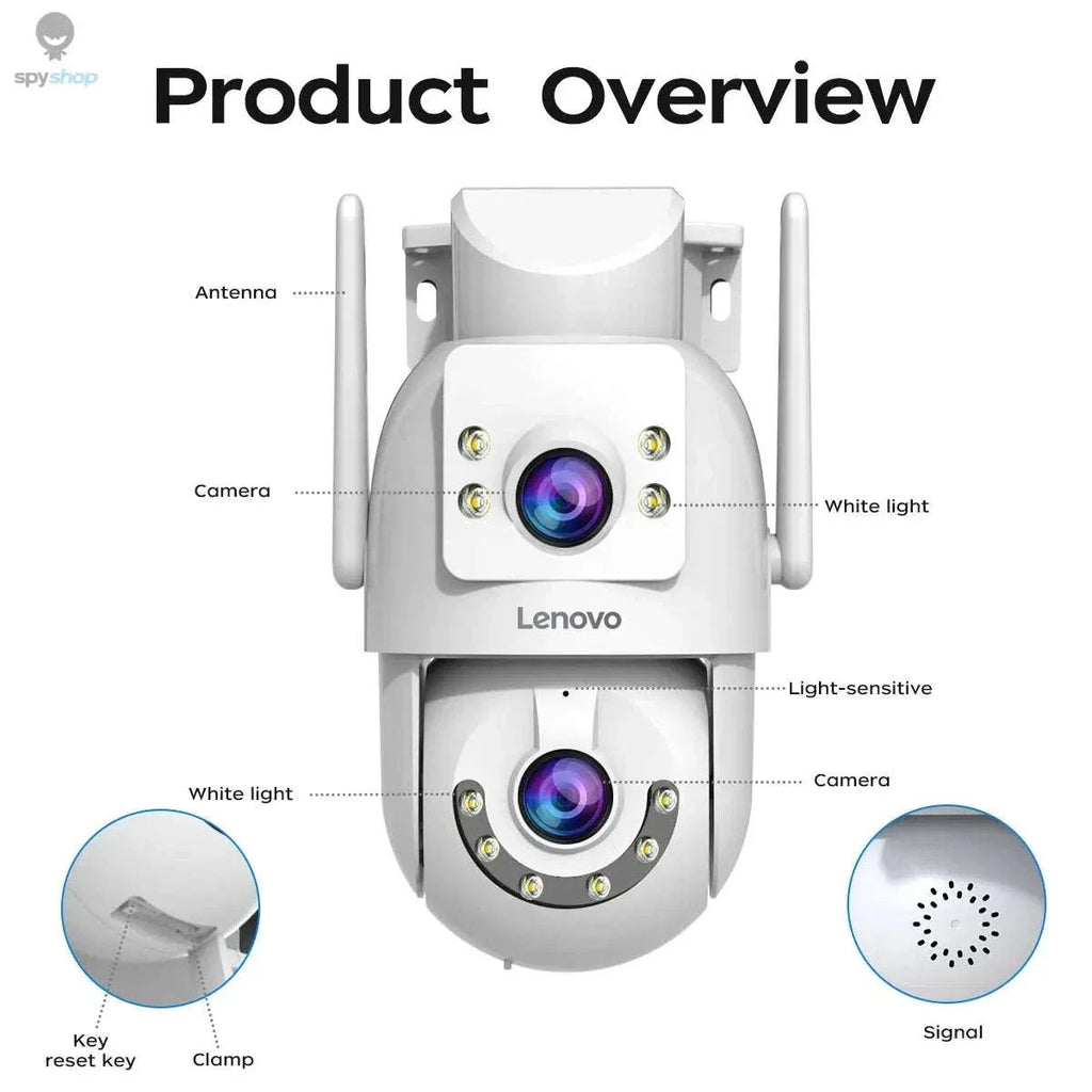 Kamerë sigurie Lenovo X6 4K WiFi me dy lente PTZ, AI Auto Tracking, rrotullim 330°, shikim natën me ngjyra, audio dypalëshe, IP66, lidhje WiFi 2.4GHz/5GHz dhe Ethernet. Kamerë profesionale për shtëpi, biznes, magazinë dhe monitorim të jashtëm 24/7.