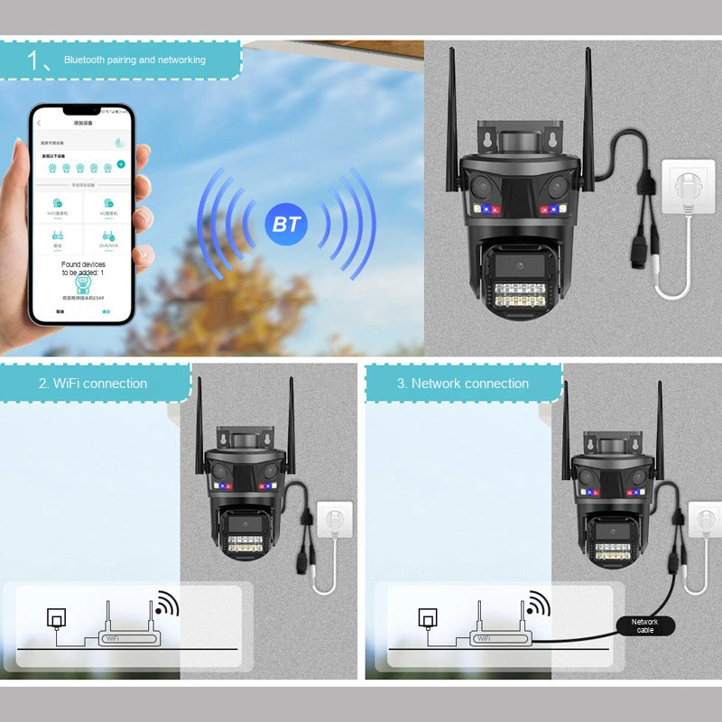 Kamerë sigurie WiFi iCSee P20 9MP me 3 lente, rrotullim 360° PTZ, shikim natën me ngjyra, audio dypalëshe, ndjekje automatike të personave (Auto Tracking), mbrojtje IP66 dhe kontroll nga telefoni. Ideale për shtëpi, biznes, magazinë dhe monitorim të jashtëm 24/7.