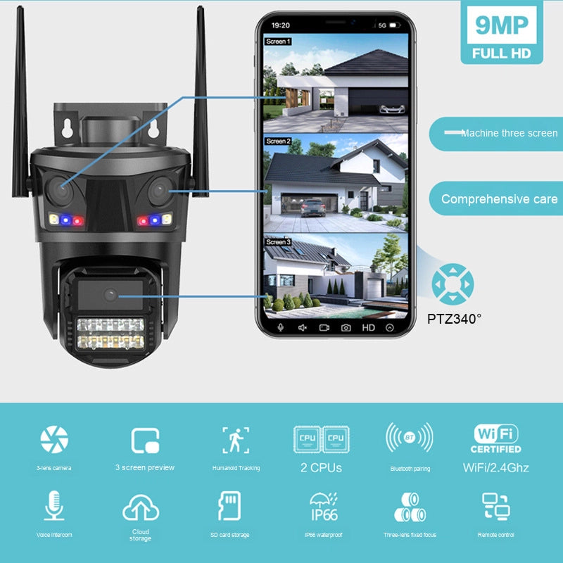 Kamerë sigurie WiFi iCSee P20 9MP me 3 lente, rrotullim 360° PTZ, shikim natën me ngjyra, audio dypalëshe, ndjekje automatike të personave (Auto Tracking), mbrojtje IP66 dhe kontroll nga telefoni. Ideale për shtëpi, biznes, magazinë dhe monitorim të jashtëm 24/7.