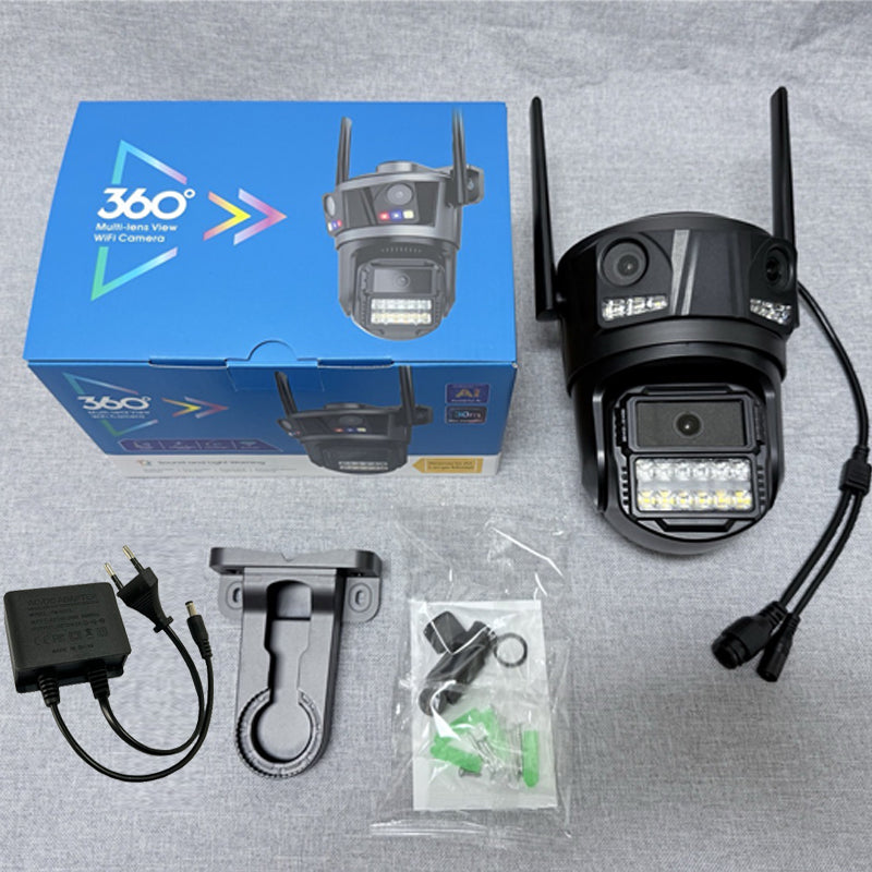 Kamerë sigurie WiFi iCSee P20 9MP me 3 lente, rrotullim 360° PTZ, shikim natën me ngjyra, audio dypalëshe, ndjekje automatike të personave (Auto Tracking), mbrojtje IP66 dhe kontroll nga telefoni. Ideale për shtëpi, biznes, magazinë dhe monitorim të jashtëm 24/7.