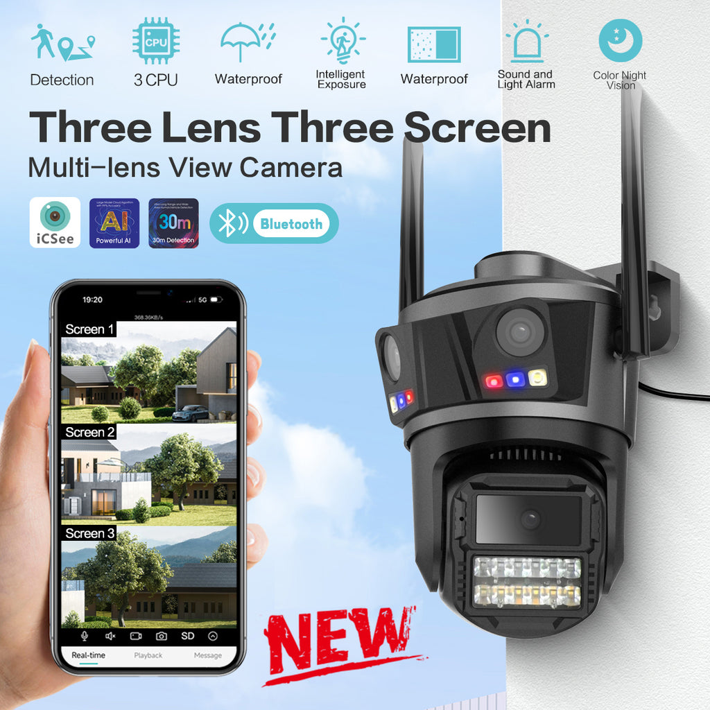 Kamerë sigurie WiFi iCSee P20 9MP me 3 lente, rrotullim 360° PTZ, shikim natën me ngjyra, audio dypalëshe, ndjekje automatike të personave (Auto Tracking), mbrojtje IP66 dhe kontroll nga telefoni. Ideale për shtëpi, biznes, magazinë dhe monitorim të jashtëm 24/7.