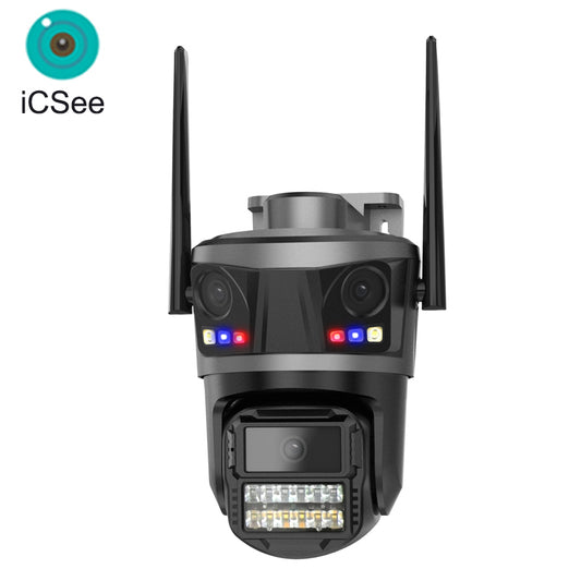 Kamerë sigurie WiFi iCSee P20 9MP me 3 lente, rrotullim 360° PTZ, shikim natën me ngjyra, audio dypalëshe, ndjekje automatike të personave (Auto Tracking), mbrojtje IP66 dhe kontroll nga telefoni. Ideale për shtëpi, biznes, magazinë dhe monitorim të jashtëm 24/7.