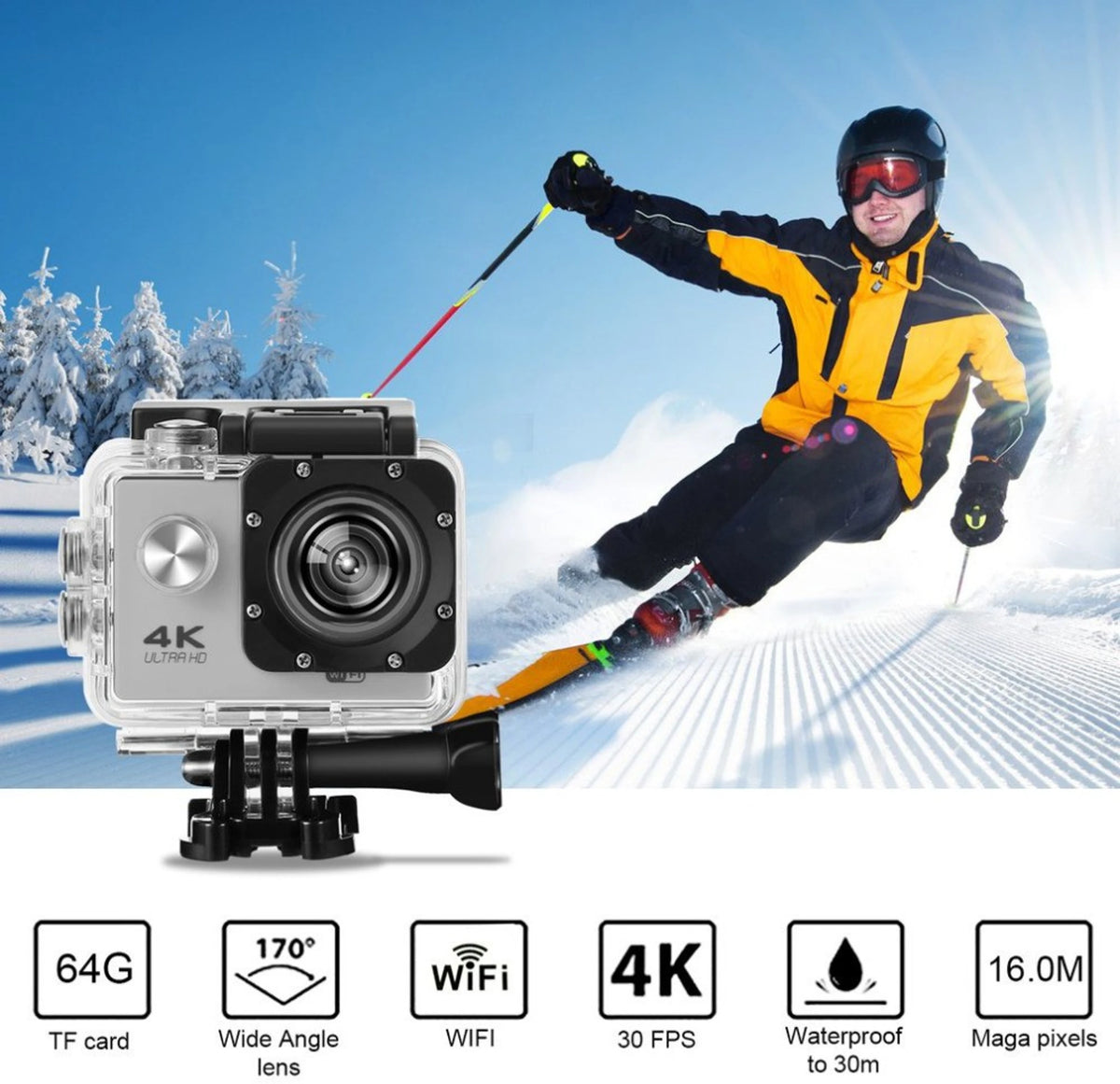 Kamer sportive 4K Ultra HD rezistente ndaj ujit deri në 30m për motor, biçikletë, sport dhe aventura