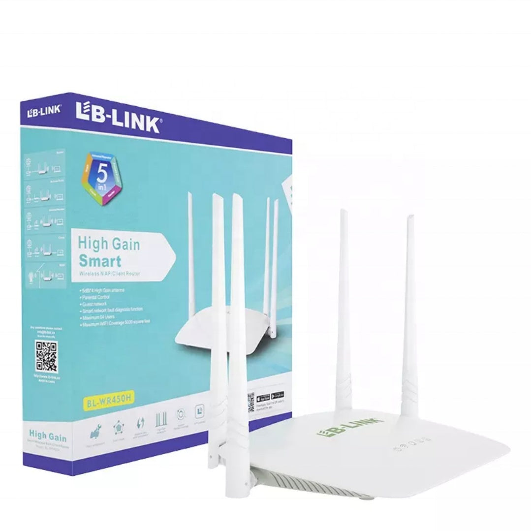 LB-LINK BL-WR450H router wireless për ambiente të jashtme me Wi-Fi 2.4GHz, shpejtësi deri në 300Mbps, 1 portë WAN, 3 porta LAN 10/100Mbps, mbështetje VPN, antena të integruara dhe siguri WPA2/WPA3. Ideal për zgjerimin e rrjetit Wi-Fi në shtëpi, biznese dhe ambiente të jashtme në Shqipëri.