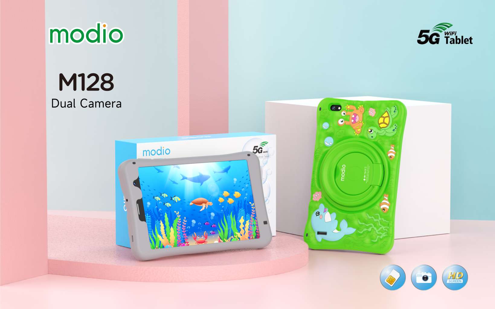 MODIO M128 tablet 8 inç me ekran HD 1920×1200, Android 12, 6GB RAM, 256GB memorie, kamerë 5MP, kamerë selfie 2MP, bateri 4000mAh, Wi-Fi dhe Cellular, Google Play Store, Zoom, Google Meet dhe Google Classroom. Tablet ideal për mësim online, punë dhe argëtim në Shqipëri.