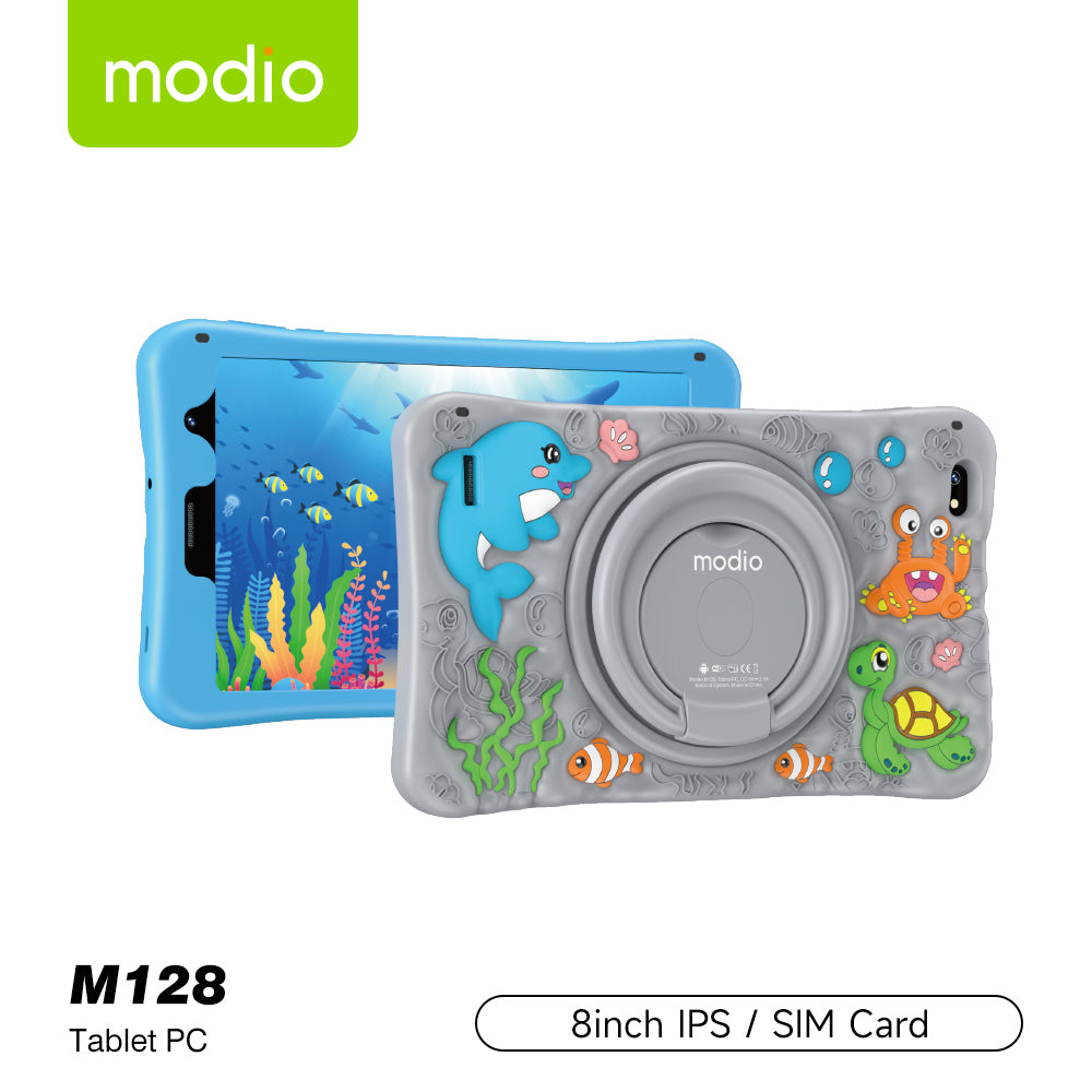 MODIO M128 tablet 8 inç me ekran HD 1920×1200, Android 12, 6GB RAM, 256GB memorie, kamerë 5MP, kamerë selfie 2MP, bateri 4000mAh, Wi-Fi dhe Cellular, Google Play Store, Zoom, Google Meet dhe Google Classroom. Tablet ideal për mësim online, punë dhe argëtim në Shqipëri.