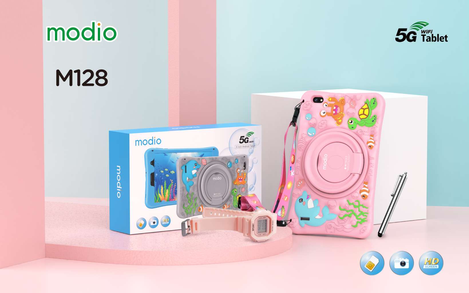MODIO M128 tablet 8 inç me ekran HD 1920×1200, Android 12, 6GB RAM, 256GB memorie, kamerë 5MP, kamerë selfie 2MP, bateri 4000mAh, Wi-Fi dhe Cellular, Google Play Store, Zoom, Google Meet dhe Google Classroom. Tablet ideal për mësim online, punë dhe argëtim në Shqipëri.