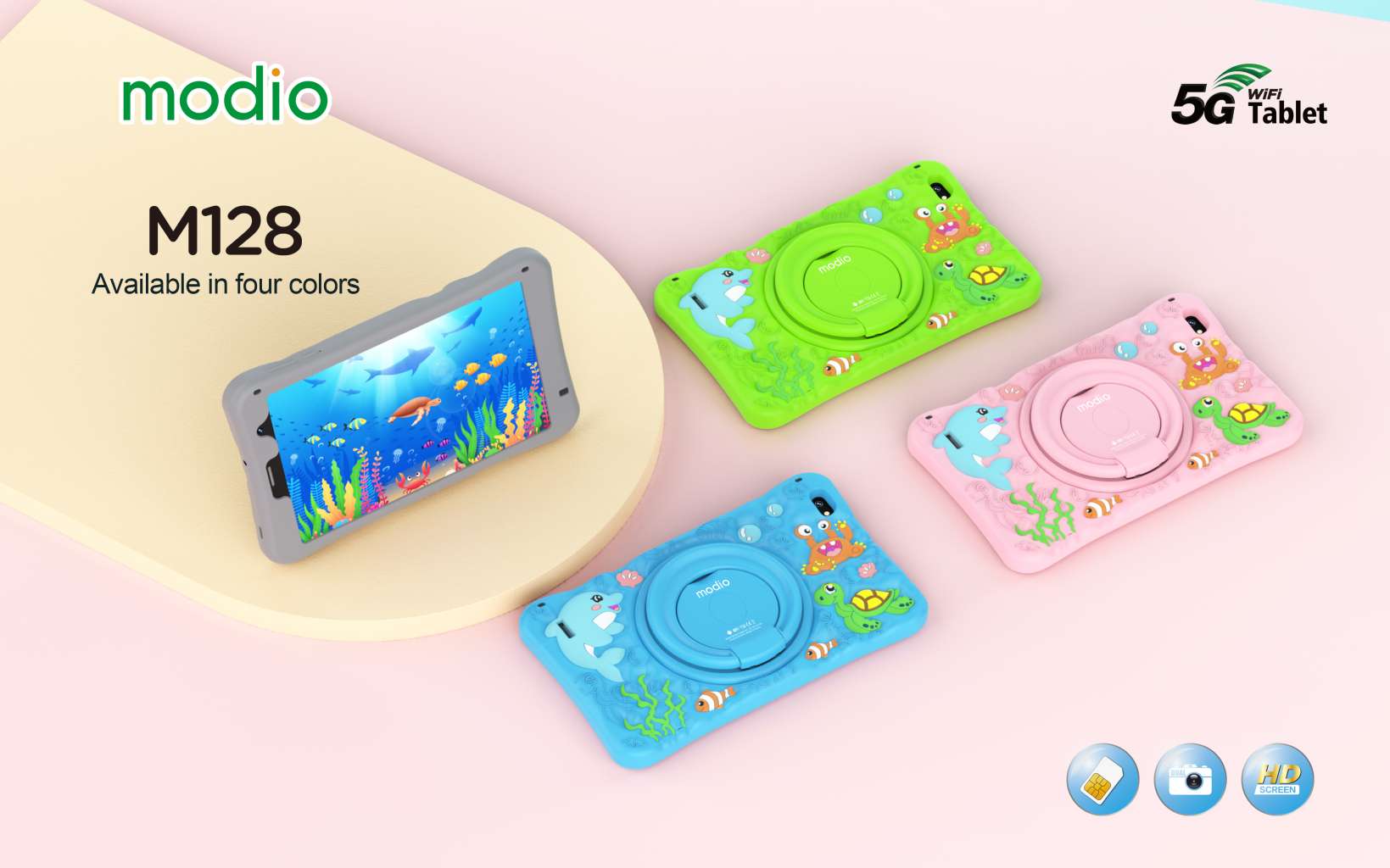 MODIO M128 tablet 8 inç me ekran HD 1920×1200, Android 12, 6GB RAM, 256GB memorie, kamerë 5MP, kamerë selfie 2MP, bateri 4000mAh, Wi-Fi dhe Cellular, Google Play Store, Zoom, Google Meet dhe Google Classroom. Tablet ideal për mësim online, punë dhe argëtim në Shqipëri.