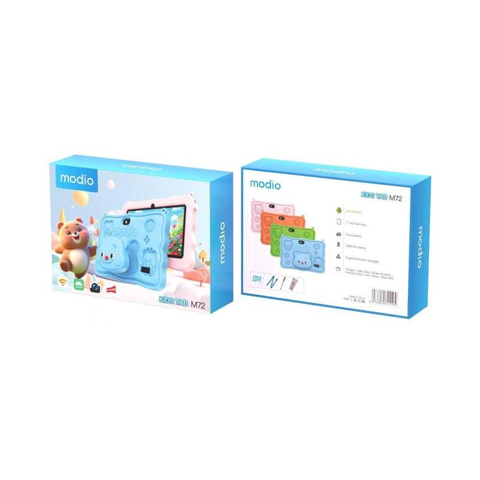 MODIO M72 Kids Tablet 7 inç me Android 13, ekran HD, 6GB RAM, 256GB memorie, WiFi 5G, dy kamera, bateri 3000mAh, kasë mbrojtëse për fëmijë, stilolaps me prekje dhe mbrojtëse ekrani. Tablet edukativ ideal për mësim, lojëra dhe argëtim në Shqipëri.