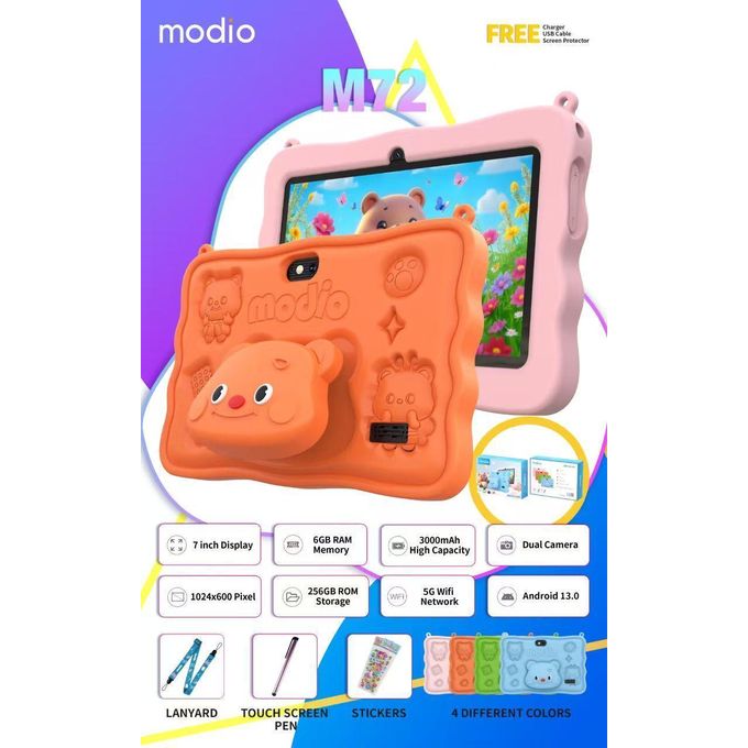 MODIO M72 Kids Tablet 7 inç me Android 13, ekran HD, 6GB RAM, 256GB memorie, WiFi 5G, dy kamera, bateri 3000mAh, kasë mbrojtëse për fëmijë, stilolaps me prekje dhe mbrojtëse ekrani. Tablet edukativ ideal për mësim, lojëra dhe argëtim në Shqipëri.
