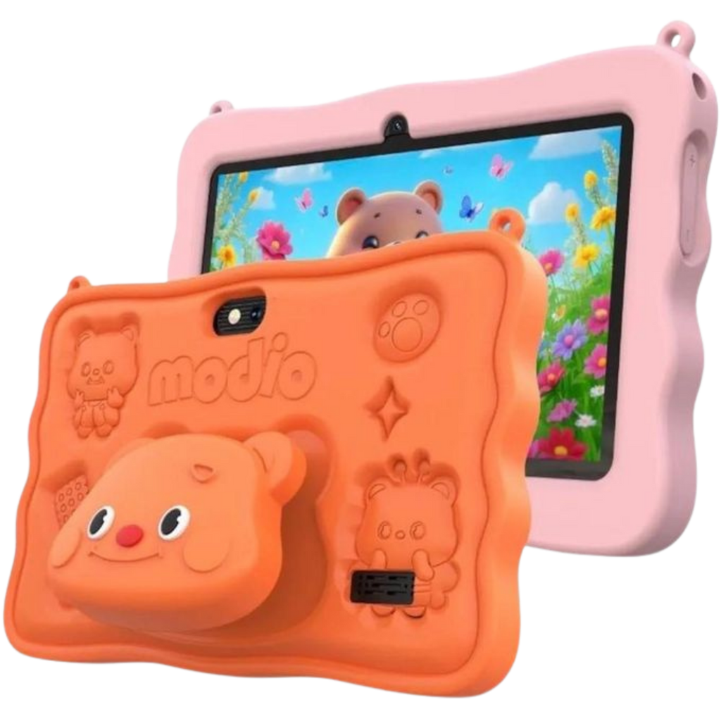 MODIO M72 Kids Tablet 7 inç me Android 13, ekran HD, 6GB RAM, 256GB memorie, WiFi 5G, dy kamera, bateri 3000mAh, kasë mbrojtëse për fëmijë, stilolaps me prekje dhe mbrojtëse ekrani. Tablet edukativ ideal për mësim, lojëra dhe argëtim në Shqipëri.