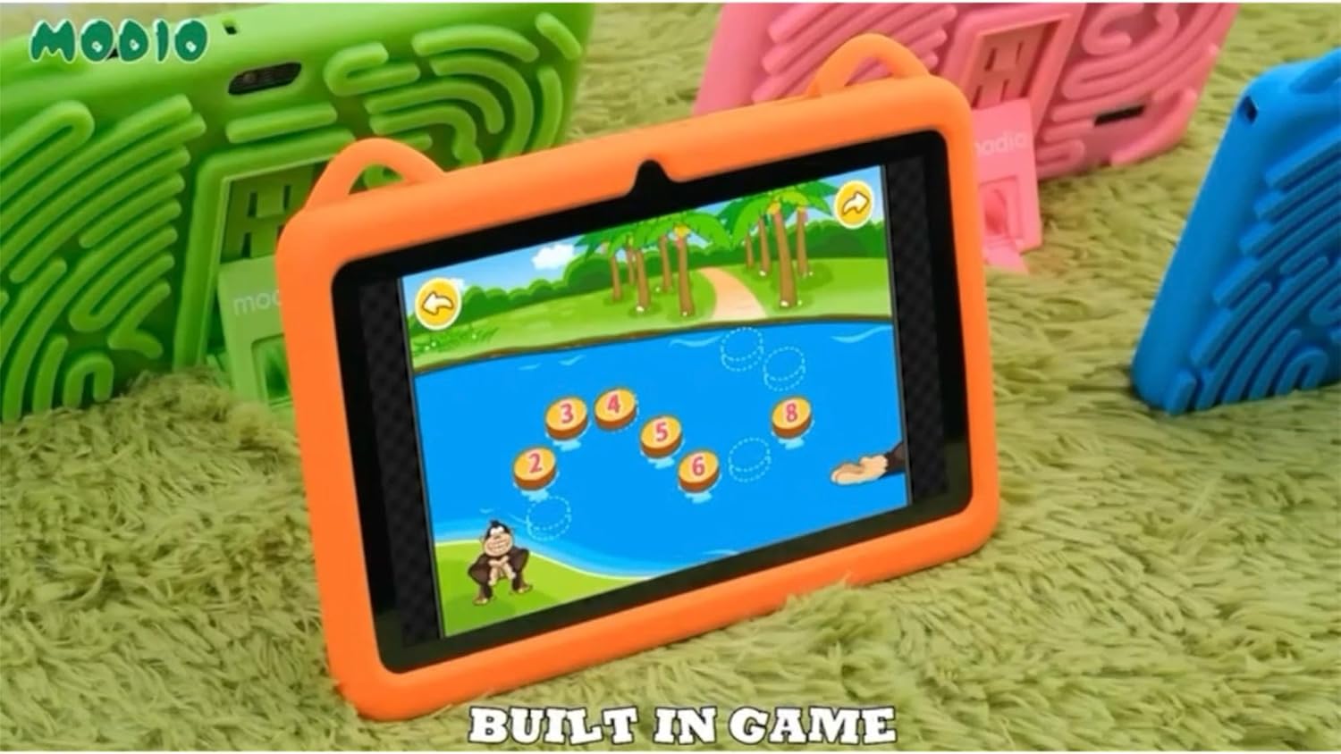 MODIO M75 Kids Tablet 7 inç me Android 13, ekran HD, 6GB RAM, 256GB memorie, WiFi 5G, dy kamera, bateri 3000mAh, kasë mbrojtëse për fëmijë, stilolaps me prekje, mbrojtëse ekrani dhe kabllo USB. Tablet edukativ ideal për mësim, lojëra dhe argëtim në Shqipëri.