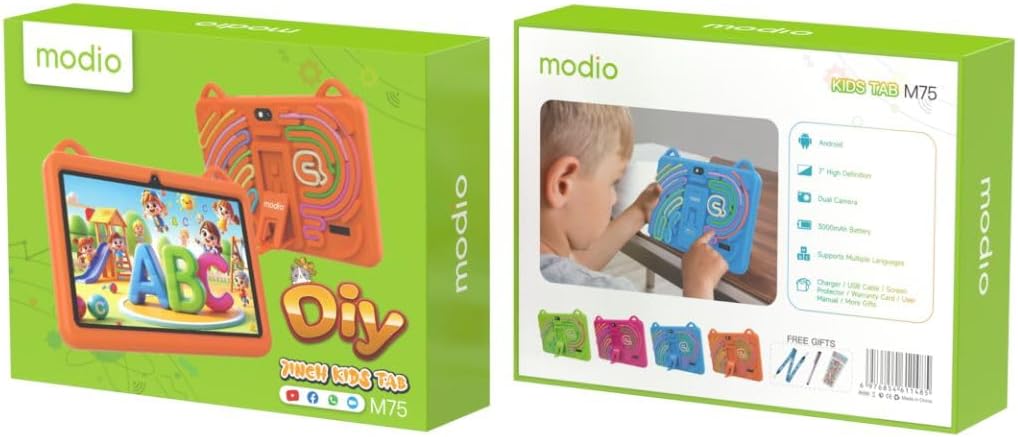 MODIO M75 Kids Tablet 7 inç me Android 13, ekran HD, 6GB RAM, 256GB memorie, WiFi 5G, dy kamera, bateri 3000mAh, kasë mbrojtëse për fëmijë, stilolaps me prekje, mbrojtëse ekrani dhe kabllo USB. Tablet edukativ ideal për mësim, lojëra dhe argëtim në Shqipëri.