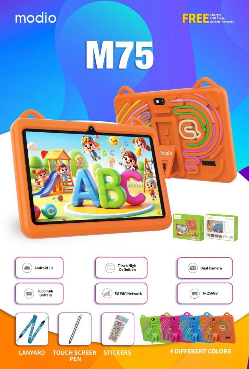 MODIO M75 Kids Tablet 7 inç me Android 13, ekran HD, 6GB RAM, 256GB memorie, WiFi 5G, dy kamera, bateri 3000mAh, kasë mbrojtëse për fëmijë, stilolaps me prekje, mbrojtëse ekrani dhe kabllo USB. Tablet edukativ ideal për mësim, lojëra dhe argëtim në Shqipëri