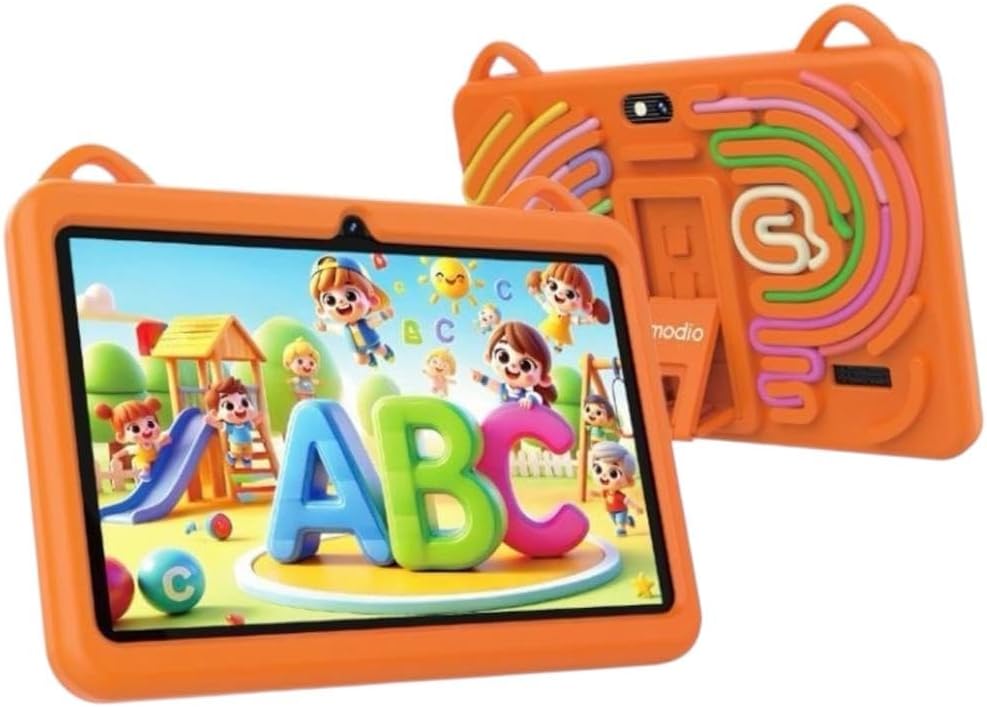 MODIO M75 Kids Tablet 7 inç me Android 13, ekran HD, 6GB RAM, 256GB memorie, WiFi 5G, dy kamera, bateri 3000mAh, kasë mbrojtëse për fëmijë, stilolaps me prekje, mbrojtëse ekrani dhe kabllo USB. Tablet edukativ ideal për mësim, lojëra dhe argëtim në Shqipëri.