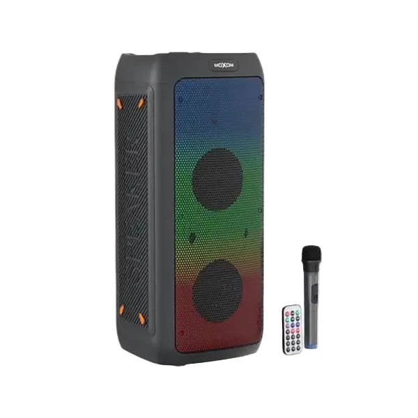 MOXOM MX-SK54 altoparlant Bluetooth 30W me 2 woofer 8 inç dhe tweeter 3 inç, bateri 8000mAh, ndriçim LED, Bluetooth, distancë lidhjeje deri në 10 metra dhe tingull të fuqishëm. Altoparlant ideal për festa, evente, karaoke dhe përdorim në ambiente të brendshme dhe të jashtme.