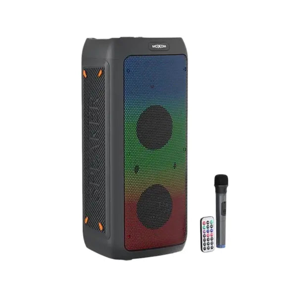 MOXOM MX-SK54 altoparlant Bluetooth 30W me 2 woofer 8 inç dhe tweeter 3 inç, bateri 8000mAh, ndriçim LED, Bluetooth, distancë lidhjeje deri në 10 metra dhe tingull të fuqishëm. Altoparlant ideal për festa, evente, karaoke dhe përdorim në ambiente të brendshme dhe të jashtme.