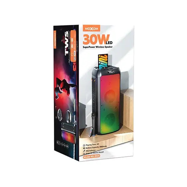 MOXOM MX-SK54 altoparlant Bluetooth 30W me 2 woofer 8 inç dhe tweeter 3 inç, bateri 8000mAh, ndriçim LED, Bluetooth, distancë lidhjeje deri në 10 metra dhe tingull të fuqishëm. Altoparlant ideal për festa, evente, karaoke dhe përdorim në ambiente të brendshme dhe të jashtme.