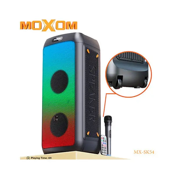 MOXOM MX-SK54 altoparlant Bluetooth 30W me 2 woofer 8 inç dhe tweeter 3 inç, bateri 8000mAh, ndriçim LED, Bluetooth, distancë lidhjeje deri në 10 metra dhe tingull të fuqishëm. Altoparlant ideal për festa, evente, karaoke dhe përdorim në ambiente të brendshme dhe të jashtme.